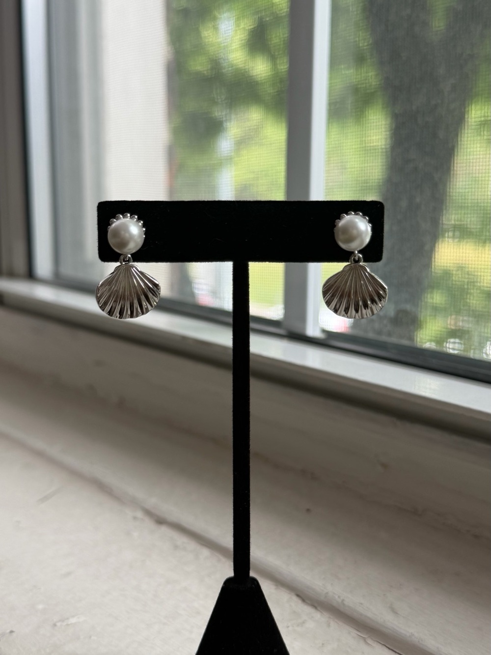 Pearl Stud with Silver Shell Drop Earrings